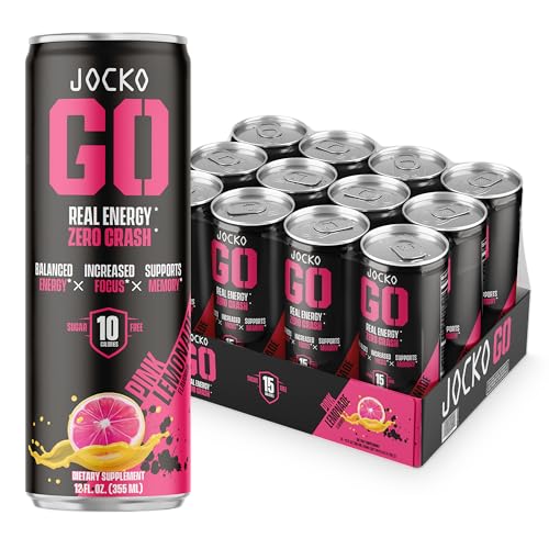 Jocko GO Energy Drink – KETO, Vitamin B12, Vitamin B6, Electrolytes, L Theanine, Magnesium- Energy Boost, Sugar Free Nootropic Monk Fruit Blend – 12 Pack (Pink Lemonade)