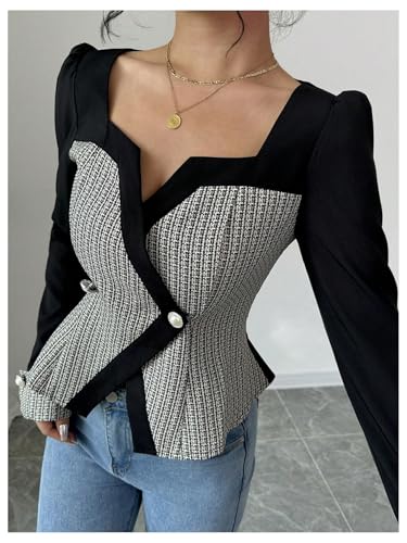 GORGLITTER Women's Color Block Double Breasted Blazer Puff Sleeve Wrap Notch Neck Cardigan3