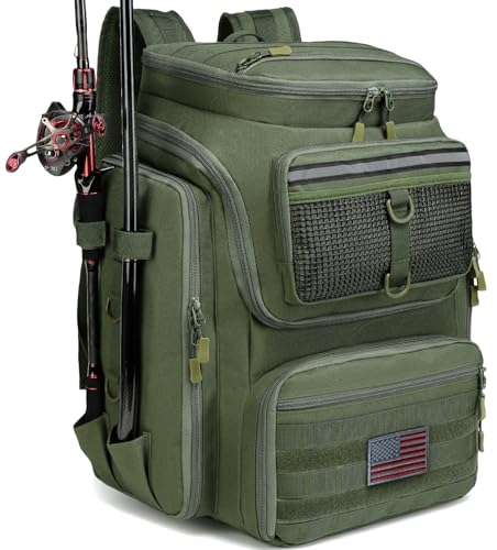 HAMBOLY Mochila de pesca com suportes de vara, mochila de 40 L para equipamentos e equipamentos de pesca, bolsa de pesca à prova d'água para homens