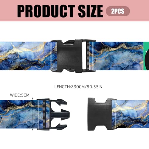 Image of Nuxovilar Luggage Straps Set for Suitcase 1.96x71in Polyester | Cargo Strap Travel Belt Security Buckle Band Luxury Trip Urban Getaway Airport (Blue Gold Marble)