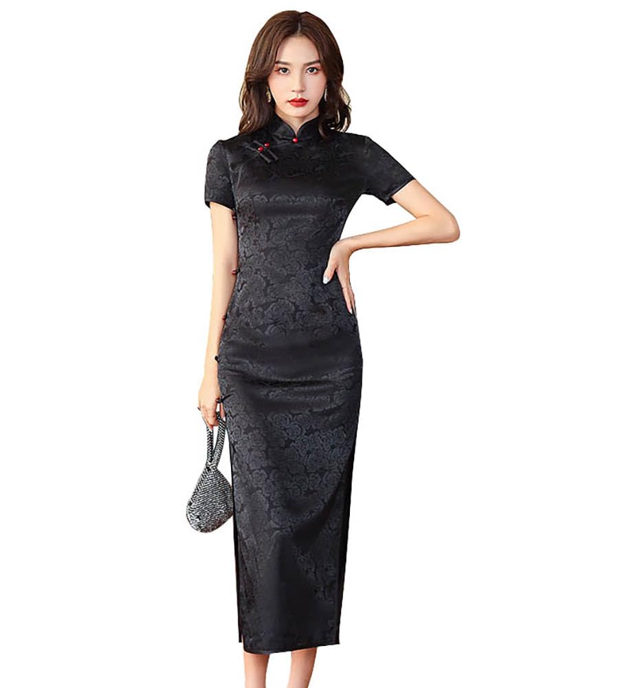 Robe chinoise longue Cheongsam à col mandarin coupe ajustée manches courtes moulante imprimé floral sexy fente latérale Qipao