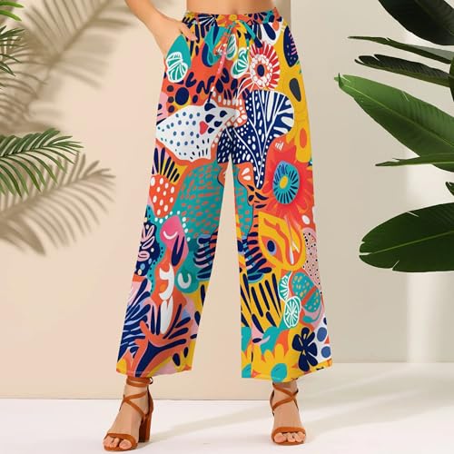 Womens Cartoon Graffiti Pants Stretch Waist Wide Leg Tropical Loose Straight Beach Flowy Trousers with Pockets3