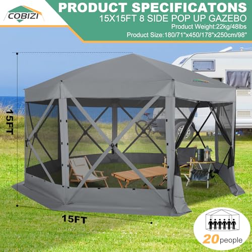 Image of COBIZI 15x15ft Extra Large Pop-Up Gazebo Canopy Tent with Mosquito Netting, Spacious Easy Set-Up Screened Shelter, Durable Outdoor Pavilion with Ground Stakes, Perfect for Patio, Backyard, and Lawn