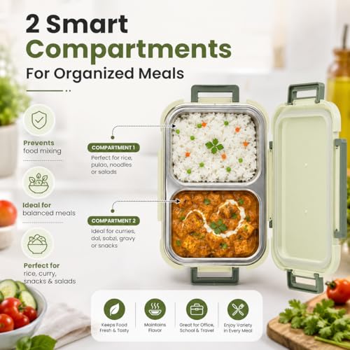 Image of Premium 2 Compartment Stainless Steel Lunch Box with Airtight Leakproof Lid | Durable Food Storage Bento Box with Secure Lock Clips (Grey Color)