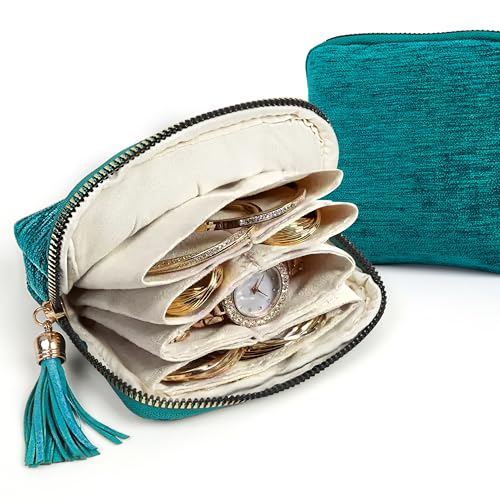 LOTOFUN Jewelry Organizer Case for Travel: 5-Layer Velvet Zipper Pouch Bag for Bangles Link Bracelets Storage Protect from Tangle Scratch (Peacock Blue)