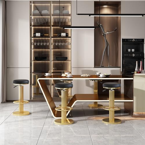 Image of Gold Bar Stools Set of 3 Adjustable Swivel Backless Counter Stool | 360 Swivel, 25.6 inch-29.5 inch Adjustable, Leather Thick Cushion, Stainless Steel Frame, 350 lbs Capacity, Gold