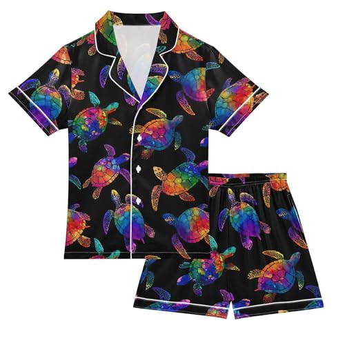 Colorful Turtle Summer Pajamas Set Silk PJS Set Satin Sleepwear Short Sleeve Button Down Nightwear 5-14Y