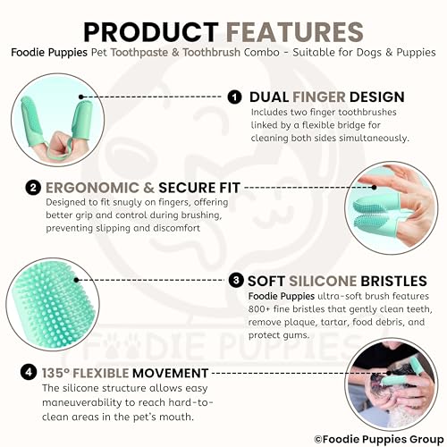 Image of Foodie Puppies Pet Dental Care Combo of Toothbrush and Toothpaste - (Couple Toothbrush + Chicken Toothpaste, 100gm) Enriched with Baking Soda Soothes Inflame Gums and 2in1 Finger brush