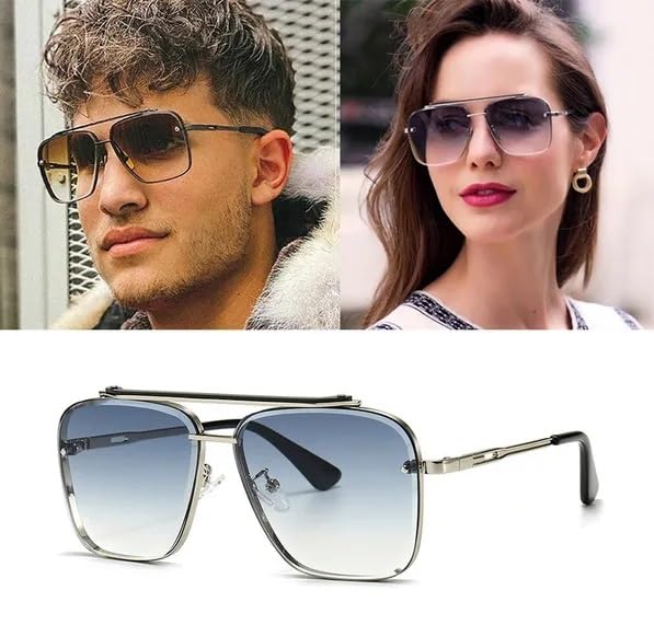 Image of Square Oversized Sunglasses for Men & Women | UV400 Protected Fashion Retro Metal Frame Sunglasses | Vintage Gradient Lens Stylish Eyewear for Driving, Travel & Outdoor