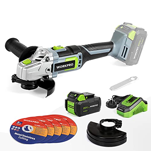 WORKPRO 20 V Cordless Angle Grinder 125 mm, 7500 RPM, 4.0 Ah Lithium-ion Battery and Fast Charger, 5 PCS Cutting Wheels Included