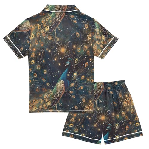 ALAZA Beautiful Peacock Starry Pajamas Satin Pajama Set Short Sleeve Button Down Sleepwear2