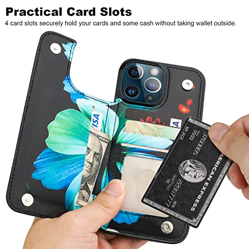 Image of HAOPINSH for iPhone 13 Pro Max Wallet Case with Card Holder, Blue Floral Flower Pattern Back Flip PU Leather Kickstand Card Slots Case for Girls Women, Double Magnetic Clasp Shockproof Cover 6.7 inch