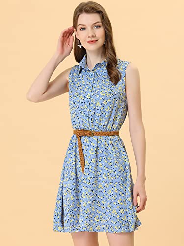 Image of Allegra K Women's Floral Printed Half Placket Above Knee Summer Sleeveless Belted Dress