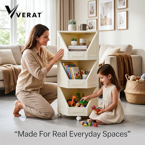 Image of VERAT 3 Tier Plastic Corner Storage Cabinet Foldable Cupboard with Layer Locking System Multipurpose Storage Organizer Rack for Clothes Books Toys and Home Decor White (Off White)