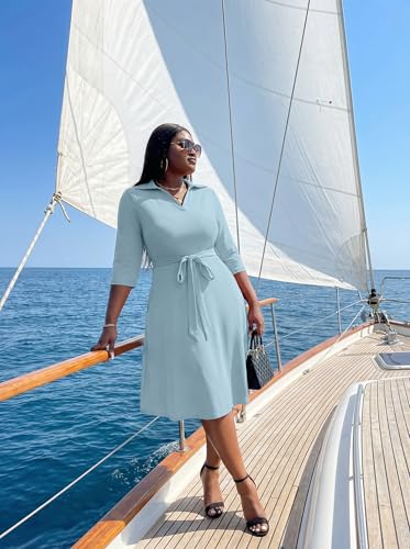 Image of FANDEE Plus Size Midi Dress for Women - Printing Summer Dresses for Wedding Guest Cocktail Party 3 /4 Sleeve V Neck(L-5XL)
