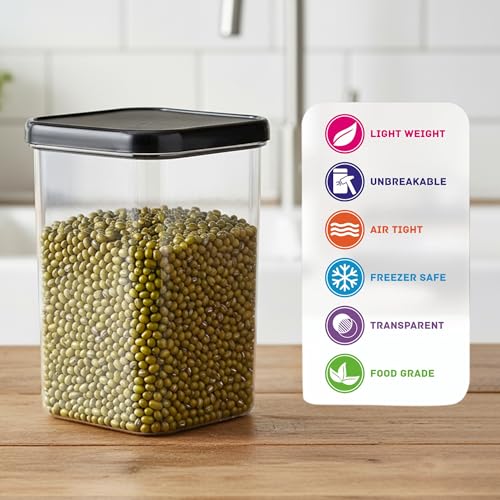 Image of Plastic Airtight Containers Set For Kitchen Storage And Containers Box For Pantry Organization And Container (1100ml, Black And Transparent) Set of 6