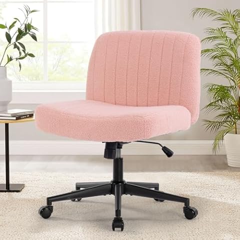 BOSMILLER Criss Cross Chair with Wheels, Vanity Chair with Back, Armless Makeup Chair, Wide Desk Chair Cute, Height Adjustable Makeup Chair, Cross Legged Office Chair, PinkSherpa with Wheels Cover
