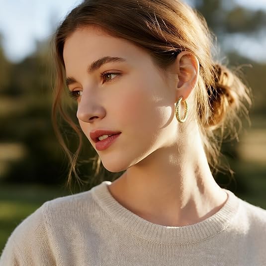 Gold Hoop Earrings 14K Gold Hoop Earrings for Women Wrinkle Texture Earring for Women Hypoallergenic Hoops Womens Earring - Image 3