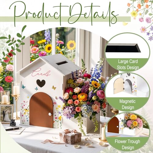 Image of Wooden Wedding Card Box Cabin-Shaped with Flower Trough & Magnetic Door