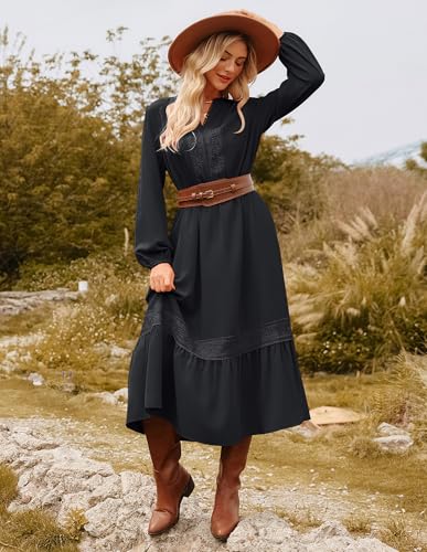 GRACE KARIN Womens Fall Dresses Lace V Neck Long Sleeve Tiered Flowy Maxi Dress Going Out Casual Dresses with Pockets3