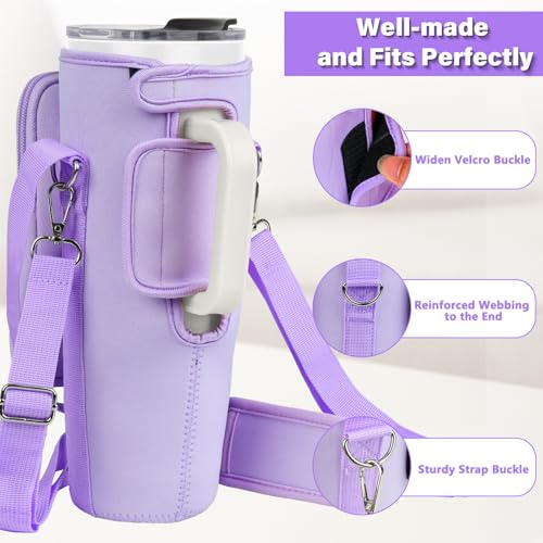 Image of Water Bottle Carrier Bag with Phone Pocket Compatible with Stanley /Meoky 40 oz Tumbler with Handle,Water Bottle Holder Pouch with Adjustable Strap Compatible with Stanley Cup Accessories,Purple