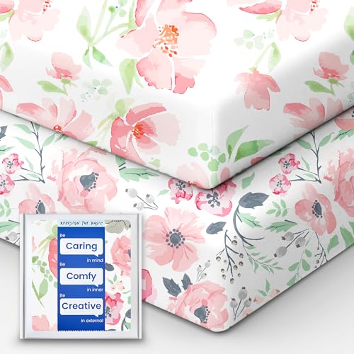 Image of Baby Crib Sheets Girl, TotBasic Premium Soft Crib Mattress Sheet, Ultra Breathable Floral Crib Sheet Fitted, Super Stretchy Jersey Cotton Crib 28" x52‘’x9'' Extra Deep Pocket