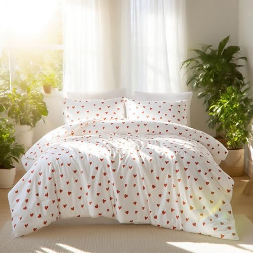 Nayoroom Heart Comforter Set Queen Size Kawaii Red Heart Pattern Comforter Kids Girls Cute Heart-Shaped 3Pcs Soft Lightweight Bedding Set for All Seasons (1 Comforter, 2 Pillowcases)