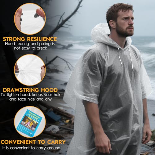 8 & 20 Pack Disposable Rain Ponchos for Adults/Youth - 6 Color Waterproof PE Hooded Raincoats, Drawstring, Emergency3