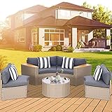 Incbruce - Juego de 5 Muebles de Patio seccionales para Exteriores, sofá de Media Luna, de Mimbre para Todo Tipo de Clima, Mesa Redonda de Cristal Templado y Cojines