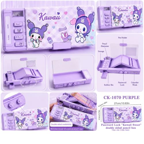 Image of Kawaii Password Lock Compass Box for Girls, Multifunction Pencil Box with Sharpener, Calendar, Timetable Card, Storage Drawer & Pen Holder, Cute Purple Stationery Case