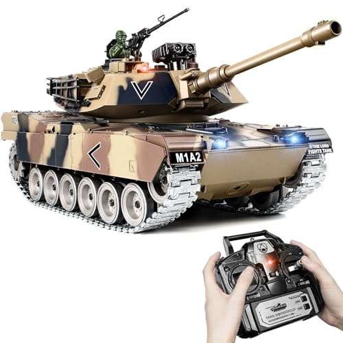 Tanque RC 1:18 M1A2 Abrams, Camuflaje Desértico Tanque Teledirigido, Vehículo Militar Teledirigido con Cadenas Metálicas, Disparo de BBs y Agua, Humo, Sonido y Luces, Juguete para Niños 6+ Años