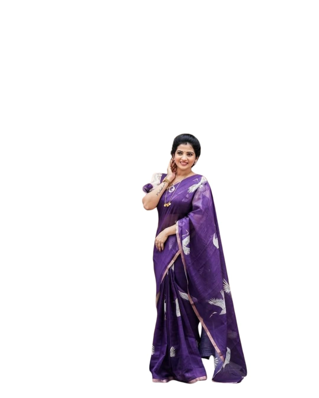 Womens linen cotton febric with gold zari weaving patti and beautiful crane type design saree with same digital printed blouse piece for women-picture-20