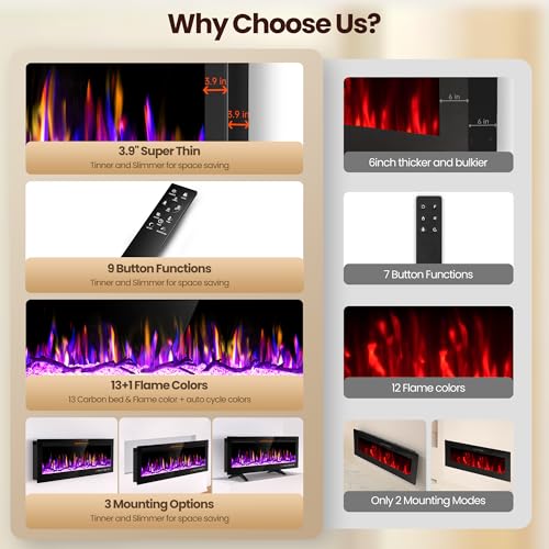 Image of 36 inch Electric Fireplace Recessed /Wall Mounted /Freestanding, 196 Color Combos