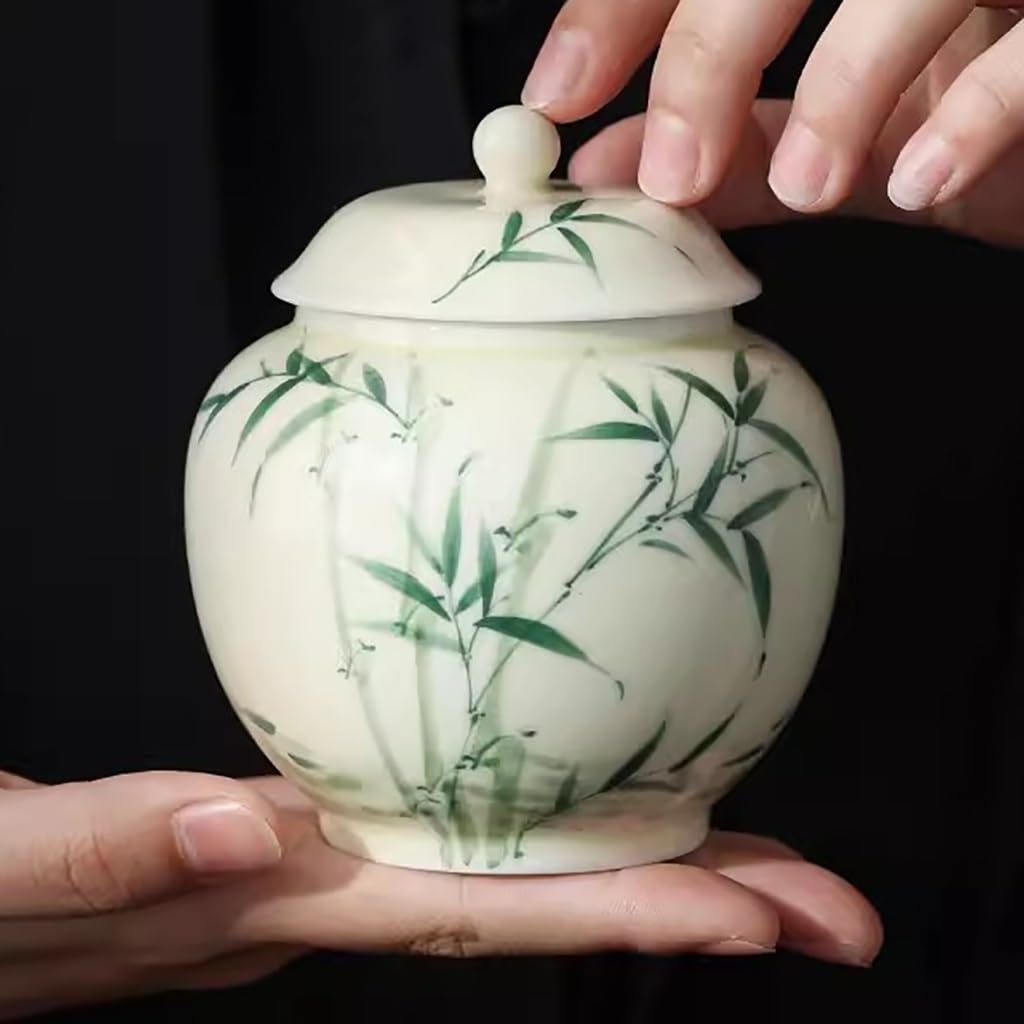 HUADAO Retro Ceramic Tea Canister 11 Ounce Storage Jar with Bamboo Patterns, Mini Porcelain Tea Tins with Airtight Lid, Small Tea Can Kitchen Containers for Loose Tea, Coffee