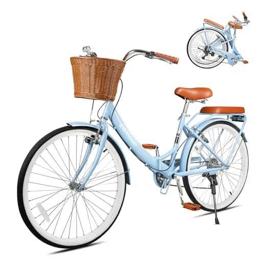 26 Inch Folding Beach Cruiser Bike for Women, 7-Speed Foldable Bicycle with Basket & Rack, Lightweight City Bike for Commuting, Leisure, and Relaxed Rides (Blue - 26")