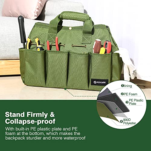 Roylvan Garden Tool Bag, Gardening Tote Bag with Multi-pockets, Long Adjustable Strap Electrician Tool Bags for Men Women, Wear-Resistant Multi-Purpose Tool Bag Organizer, 14 Inch, Dark Green