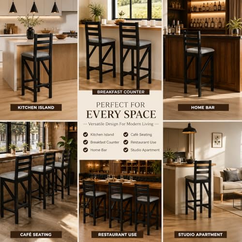 Image of OGESTA Solid Sheesham Wood Bar Stool Chair for Kitchen Island & Bar Counter | High Back Wooden Counter Chair | Dining Counter Stool | Breakfast Bar Chair | 105Cm Height | Set of 1
