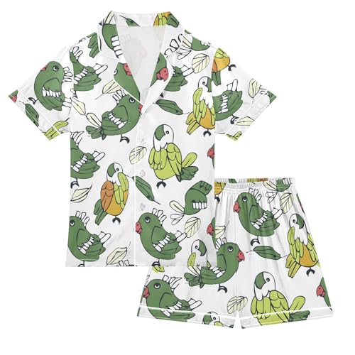 ALAZA Bird Green Pajamas Satin Pajama Set Short Sleeve Button Down Sleepwear