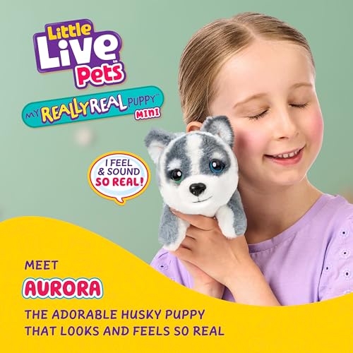 Little Live Pets My Really Real Puppy Minis – Aurora der Husky, interaktiver Puppy mit 20+ Geräuschen und Reaktionen, inklusive Korb zum Präsentieren, niedliches Geschenk für Kinder (11 cm groß)