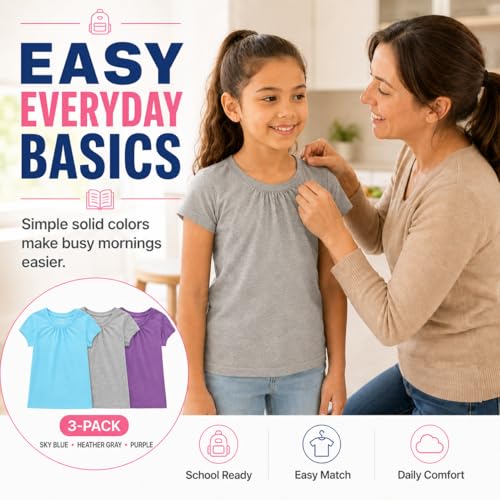 Image of Bienzoe Plain Solid Girls T-Shirts: School Basic Tee 3-Pack | Short Sleeve, Ages 4-13, PE, Recess, Outdoor Play, Soft Cotton Blend, Breathable Quick-Dry, Easy Care, Easy to Mix and Match