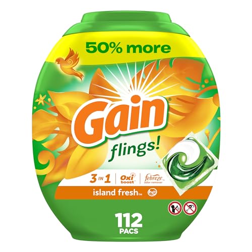 Image of Gain Flings Liquid Laundry Detergent, Island Fresh Scent, 112 Count, HE Compatible
