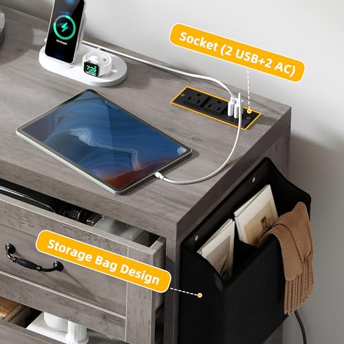 DWVO Farmhouse 7 Drawer Dresser for Bedroom, 31.5 Inch Tall Modern Dresser TV Stand with Large Drawers & Bar Handles, Storage Dressers with Power Outlets, Rustic Wood Chest of Drawers, Grey