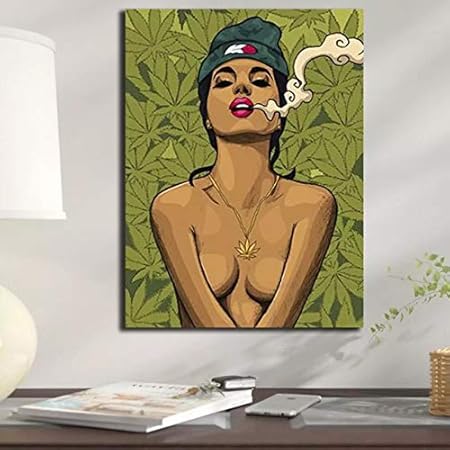 Chica de dibujos animados fumando marihuana fotos arte de la pared Decoracion Poster e impresiones pintura ilustraciones pinturas Decoracion del hogar para la Salon de estar 45x65cm x1 Sin Marco
