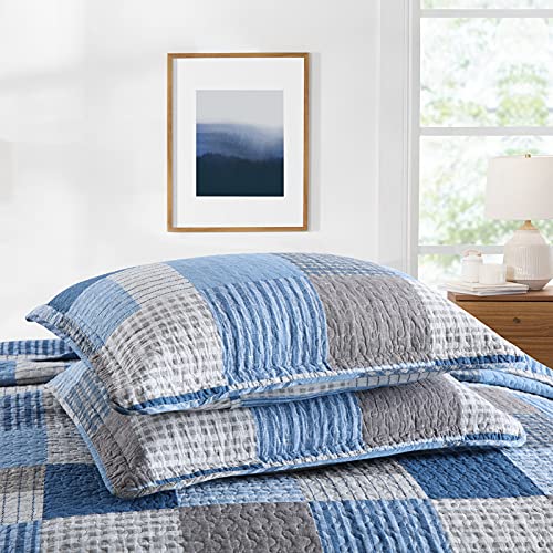 Image of PANGUSHAN King Size Quilt Set,100% Cotton King Quilt Bedding Set Bedspread,Patchwork Plaid Quilt Bedspreads for King Bed,Navy Blue /Blue Reversible Lightweight Comforter Bed Set,All Season,3 Pieces