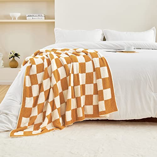 Image of CozeCube Orange White Reversible Checkered Knit Throw Blanket 60 inchx80 inch