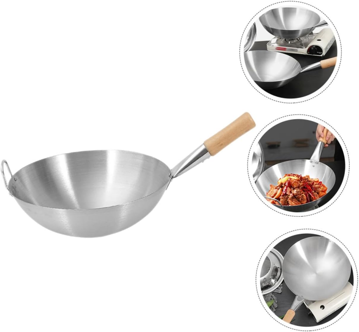 OUNONA Stainless Steel Frying Wok with Wooden Handle Portable Everyday Pan for Stir Fry Thickened Kitchen Cooking Tool Easy to Clean and Carry Suitable for Home and Commercial Use