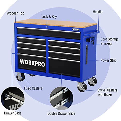 Image of WORKPRO 46-Inch 9-Drawers Rolling Tool Chest, Mobile Tool Storage Cabinet with Wooden Top, Equipped with Casters, Handle, Drawer Liner, and Locking System, 1200 lbs Load Capacity