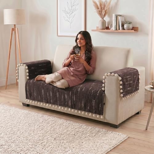 Image of Story@Home Chenille Sofa Cover 2 Seater (76x122Cm) & Arm Rest Covers | Anti Slip Sofa Mat for 1 /2 /3 Seater & L Shape Sofa Cover | Measure Your Sofa & Create Your Own Custom Set - Mocha & Ivory
