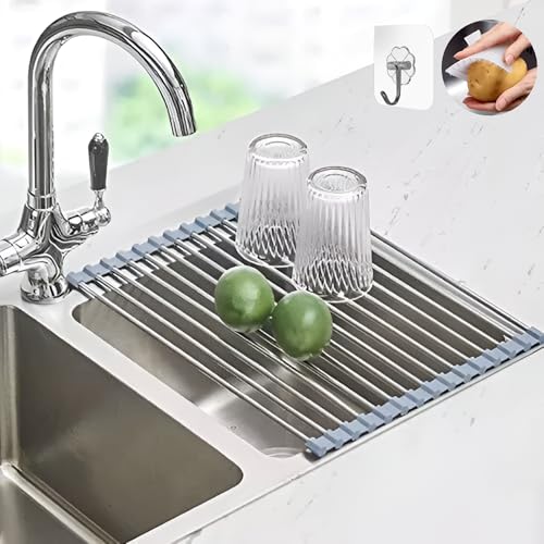 Escurreplatos Plegable sobre Fregadero, Escurridor de Platos Enrollable para Fregadero, Escurridor Plegable de Acero Inoxidable, con Cepillo Limpia Frutas y Verduras y Gancho para Colgar (Gris).