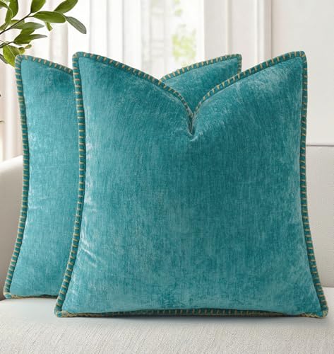Image of decorUhome Fall Chenille Soft Cozy Throw Pillow Covers 26x26 Set of 2, Modern Farmhouse Boho Velvet Decorative Euro Sham Pillow Cases with Stitched Edge for Couch Sofa Bed Home Decor, Turquoise